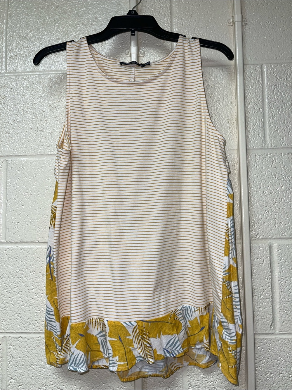 Doe & Rae Sleeveless Striped & Floral Ruffle Hem Tank - Yellow